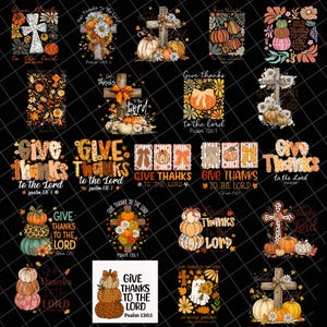 Puede incluir: Una colección de diseños con temática otoñal que presentan cruces, calabazas y arreglos florales. Los diseños incluyen las frases "Give Thanks to the Lord" y "Psalm 136:1" en varios estilos. La paleta de colores incluye naranja, marrón y blanco.
