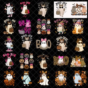 Puede incluir: Una colección de diseños temáticos de Halloween con fantasmas con gafas de sol, lazos y accesorios con estampado de leopardo. El texto "BOO-JEE" está incluido en varios diseños, junto con calabazas y otros elementos festivos.