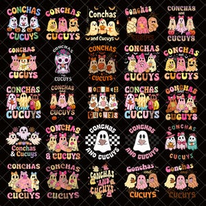 May include: A collection of Halloween-themed designs featuring ghosts and concha pastries. The text includes "Conchas and Cucuy" in various fonts and colors, with pumpkins and bats. The designs are on a black background.