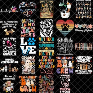 Puede incluir: Una colección de diseños con temática veterinaria sobre un fondo negro. Los diseños incluyen texto como "Vet Tech", "Veterinary Medicine" y "Future Veterinarian", junto con imágenes de animales, estetoscopios y huellas de patas.