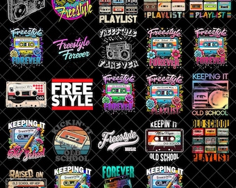 Op de afbeelding: Een verzameling retro-ontwerpen op een zwarte achtergrond. De ontwerpen tonen cassettes, boomboxen en tekst zoals "Freestyle", "Old School" en "Forever". Het kleurenpalet omvat levendig roze, blauw, geel en groen.