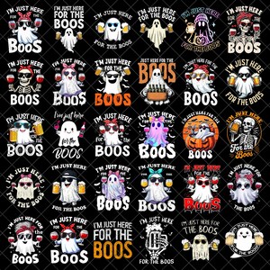 Puede incluir: Una colección de diseños gráficos con temática de Halloween que presentan fantasmas con gafas de sol, sosteniendo bebidas y el texto "I'm Just Here For The Boos". Los diseños incluyen fantasmas con copas de vino, jarras de cerveza y un fantasma esqueleto.