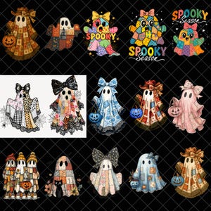 Puede incluir: Una colección de ilustraciones caprichosas de fantasmas de Halloween. Cada fantasma está diseñado de forma única con patrones de patchwork, lazos y accesorios como calabazas y sombreros. Los fantasmas son de varios colores, incluyendo naranja, azul, rosa y negro, perfectos para la temporada de Halloween.
