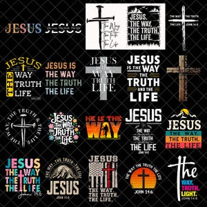 Puede incluir: Una colección de diseños gráficos con la palabra "JESÚS" y frases religiosas relacionadas. Los diseños incluyen cruces, escenas de montañas y el texto "The Way, The Truth, The Life". La paleta de colores incluye blanco, negro, amarillo y rojo.