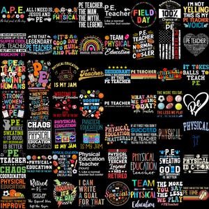 Puede incluir: Una colección de diseños gráficos coloridos y texto relacionados con los profesores de Educación Física. Los diseños incluyen frases como "Profesor de Educación Física", "Educación Física" y refranes humorísticos, con equipos deportivos y gráficos de arcoíris.