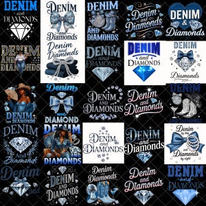 Puede incluir: Una colección de diseños gráficos con la frase "Denim and Diamonds". Los diseños incorporan diamantes, lazos, botas de vaquero y mujeres en denim, en tonos azules y plateados. El fondo es negro, creando un contraste llamativo.