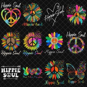 Puede incluir: Una colección de diseños gráficos coloridos con temática hippie. Los diseños incluyen símbolos de la paz, flores, corazones y mariposas, todos en vibrantes colores del arcoíris. También se incluyen las palabras "Hippie Soul" y "Peace Love Sunshine".