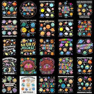 Puede incluir: Una colección de diseños gráficos coloridos sobre un fondo negro, cada uno con planetas con caras sonrientes y el texto "Neurodiverse Universe". Los diseños varían en diseño e incluyen texto adicional.