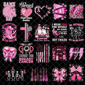May include: A collection of pink and black graphics with text related to breast cancer awareness. Designs include a volleyball, heart, ribbon, cross, ghosts, boxing gloves, and the American flag. Text includes "Game Day", "Breast Cancer Survivor", and "We Wear Pink".