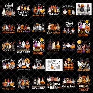 Puede incluir: Una colección de diseños temáticos de Halloween con pollos y la frase "Chick or Treat". Las imágenes incluyen pollos disfrazados de fantasmas, calabazas y brujas, con murciélagos, telarañas y lunas llenas. Los diseños están sobre un fondo negro.