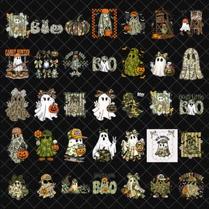 Puede incluir: Una colección de gráficos digitales con temática de Halloween. Los diseños incluyen fantasmas, calabazas y los textos "BOO!" y "CANDY HUNTER". Los gráficos incorporan patrones de camuflaje y lazos, con algunos fantasmas sosteniendo calabazas. La paleta de colores incluye naranja, verde y blanco.
