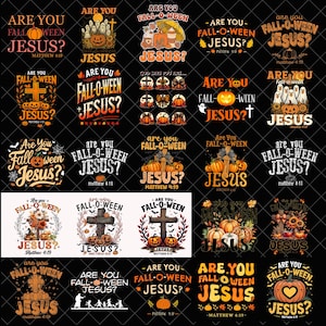 May include: A collection of Halloween-themed graphic designs. Each design features the phrase "Are You Fall-O-Ween Jesus?" with pumpkins, crosses, and other religious and Halloween imagery. The designs are in orange, black, and white.