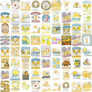 Op de afbeelding: Een verzameling kleurrijke stickers met verschillende ontwerpen gerelateerd aan limonade en religieuze thema's. De stickers bevatten citroenen, limonadeglazen en tekst zoals "Jezus" en "Lemonade". Het kleurenpalet omvat geel, wit en blauw.
