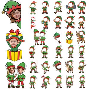 Puede incluir: Una colección de personajes de elfos de dibujos animados con trajes verdes y rojos, algunos sosteniendo regalos y otros con caras en blanco para la inserción de fotos. Los elfos están en varias poses, incluyendo correr, levantar pesas y tocar instrumentos. Un tema festivo de vacaciones.