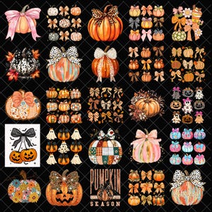 Puede incluir: Una colección de gráficos digitales con temas otoñales, que incluyen calabazas, lazos y elementos de Halloween. Las calabazas varían en color y diseño, algunas adornadas con lazos y patrones. La imagen incluye el texto "Pumpkin Season".