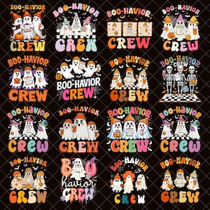 Puede incluir: Una colección de diseños de Halloween con fantasmas, calabazas y la frase "BOO-HAVIOR CREW" en varias fuentes y colores. Cada diseño tiene un fondo negro y una estética retro.