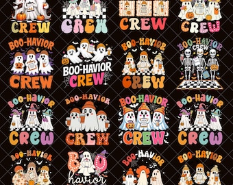 May include: A collection of Halloween-themed designs featuring ghosts, pumpkins, and the words "BOO-HAVIOR CREW" in various colorful fonts. Each design has a black background and a retro aesthetic.