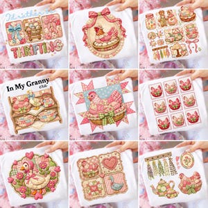 Puede incluir: Camisetas blancas con varios diseños con gallinas, patos y patrones de patchwork. Algunas camisetas tienen texto como "I'd rather be thrifting" e "In My Granny era". Los diseños incorporan colores rosa, verde y azul.