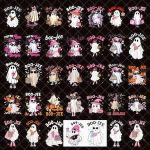 May include: A collection of Halloween-themed ghost illustrations. Each ghost is depicted with accessories like sunglasses, hats, and purses, and some are holding beverages. The phrase "BOO-JEE" is featured prominently.