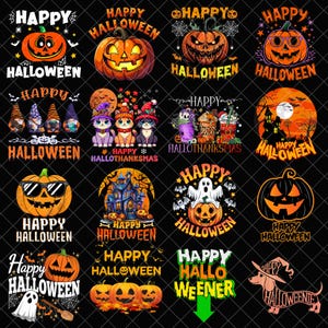 Könnte beinhalten: Eine Sammlung von Halloween-Designs auf schwarzem Hintergrund. Die Grafiken zeigen Kürbisse, Geister, Katzen und Spukhäuser mit den Worten "Happy Halloween" und "Hallo Weener" in verschiedenen Schriftarten.