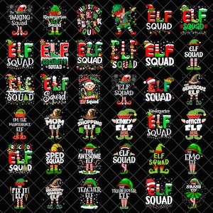 Puede incluir: Una colección de treinta diseños gráficos con temática navideña que presentan varios personajes de elfos, sombreros festivos y textos como Elf Squad, Baking Squad y Teacher Elf, sobre un fondo negro sólido.