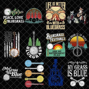 May include: A collection of bluegrass-themed designs featuring banjos, text, and nature elements. Designs include phrases like "Peace, Love & Bluegrass," "Life is Better with Bluegrass," and "My Grass is Blue." The color palette includes shades of blue, orange, and green.