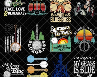 Bluegrass PNG Bundle, Banjo Music Sublimation Designs, Peace Love Bluegrass Retro Shirt, Festival Concert My Grass is Blue Digital Download