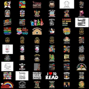 Puede incluir: Una colección de varios diseños gráficos con temática de libros sobre un fondo negro. Los diseños incluyen texto como "I read past my bedtime", "I love to read" y "Just a girl who loves books".
