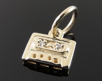 Diamond and 14k Yellow Gold Cassette Tape Charm, 14k Gold Cassette Charm, Diamond and 14k Gold Music Charm, 14k Gold and Diamond Cassette