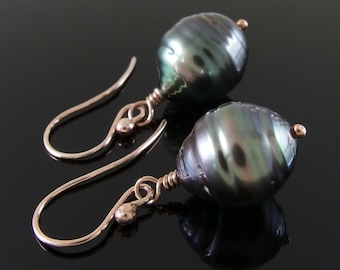 Tahitian Pearl Earrings and 14k Rose Gold Earrings, Tahitian Pearl Earrings, Black Pearl Earrings, 14k Gold Earrings, June Birthstone