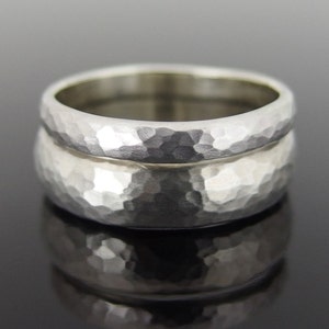 Hammered Half Round Sterling Silver Wedding Ring Set, Silver Wedding Band Set, 5.9 x 1.6 mm and 3.3 x 1.4 mm, Satin Finish image 3