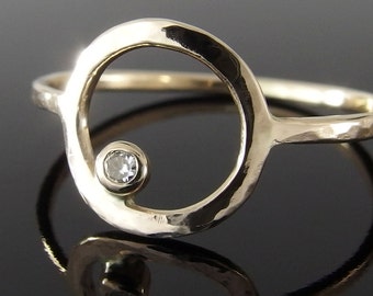 Moissanite and 14k Gold Circle Ring, Moissanite Circle Ring, Gold Circle Ring, Gold Halo Ring, Delicate Gold Ring, Open Circle Ring