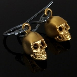 Gold Skull Earrings, Mixed Metal Earrings, 24k Gold Plated Silver Skull Earrings, 24k Gold Plated and Oxidized Silver Skull Earrings