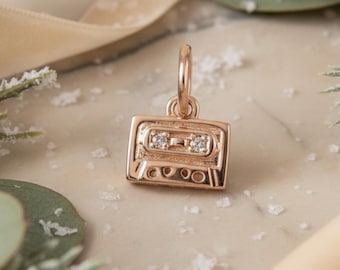 Tiny Cassette Tape Charm, 14k Gold Mixtape Charm, Diamond and 14k Gold Cassette Charm, 14k Gold and Diamond Music Charm