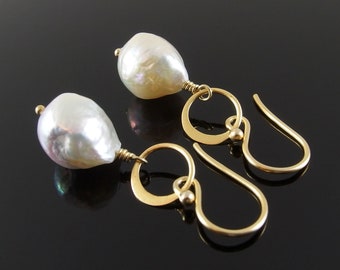Baroque Pearl and Gold-Plated Sterling Silver Earrings, Baroque Pearl Earrings, Pearl Dangle Earrings, Demi-fine Pearl Earrings