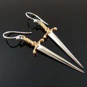 Sword Earrings, Sterling Silver and Bronze Sword Earrings, Mixed Metal Castlecore Statement Earrings