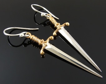 Sword Earrings, Sterling Silver and Bronze Sword Earrings, Mixed Metal Castlecore Statement Earrings