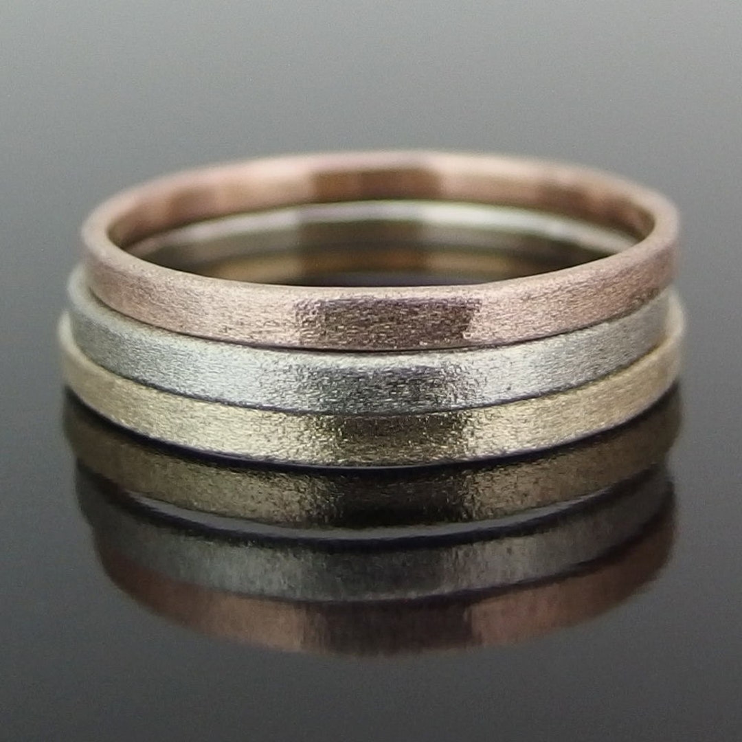 14k Tricolor Gold Stack Ring Set, 2 X 1 Mm, Mixed Metal Rings, Set of 3 ...