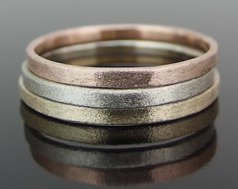 14k Tricolor Gold Stack Ring Set, 2 x 1 mm, Mixed Metal Rings, Set of 3 Gold Rings, Yellow Gold, Rose Gold, White Gold, Heavily Brushed