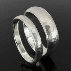 Hammered Half Round Sterling Silver Wedding Ring Set, Silver Wedding Band Set, 5.9 x 1.6 mm and 3.3 x 1.4 mm, Satin Finish image 4
