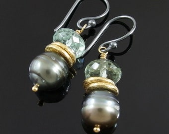 Tahitian Pearl Aquamarine and Gold-Plated Sterling Silver Earrings, Tahitian Pearl Earrings, Mixed Metal Earrings, Black Pearl Earrings