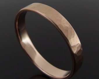 14k Rose Gold Wedding Band, 3 x 0.8 mm, Hammered Low Profile 14k Gold Ring, Rose Gold Wedding Ring, Rose Gold Wedding Ring, Satin Finish