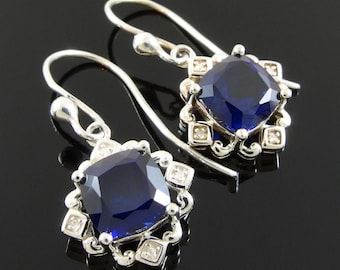 Sapphire and Sterling Silver Earrings, Diamond Halo September Birthstone Earrings