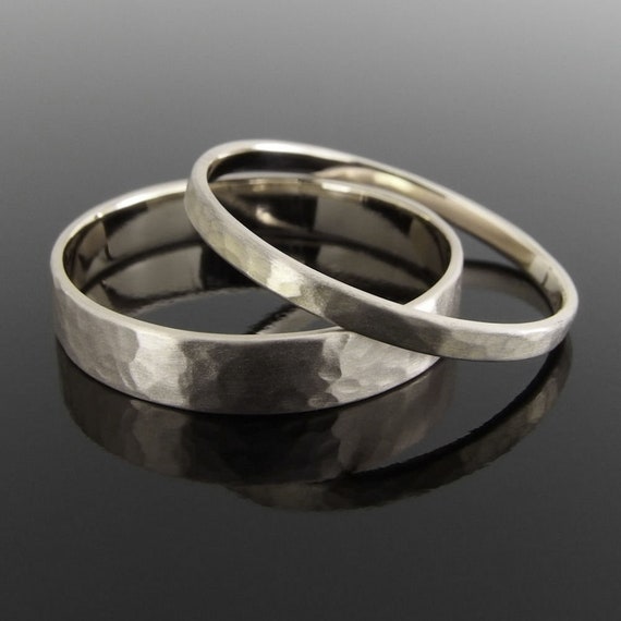 Hammered 14k White Gold Wedding Ring Set White Gold Wedding | Etsy
