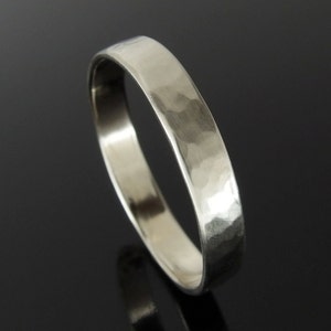 Hammered 14k White Gold Band Ring, White Gold Wedding Ring, Flat Profile White Gold Wedding Band, Satin Finish, 4 mm, 5 mm, 6 mm