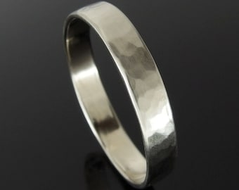Hammered 14k White Gold Band Ring, White Gold Wedding Ring, Flat Profile White Gold Wedding Band, Satin Finish, 4 mm, 5 mm, 6 mm