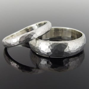 Hammered Half Round Sterling Silver Wedding Ring Set, Silver Wedding Band Set, 5.9 x 1.6 mm and 3.3 x 1.4 mm, Satin Finish