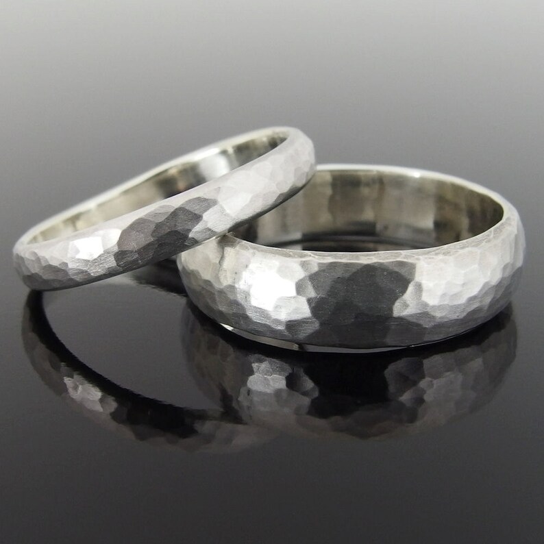 Hammered Half Round Sterling Silver Wedding Ring Set, Silver Wedding Band Set, 5.9 x 1.6 mm and 3.3 x 1.4 mm, Satin Finish image 1