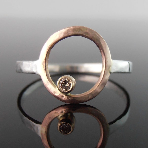 Natural Brown Diamond 14k Rose Gold and Sterling Silver Halo Ring, Gold Circle Ring, Mixed Metal Ring, Promise Ring, April Birthstone Ring