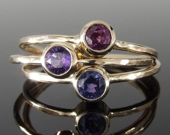 Sapphire and 14k Gold Stack Ring Set, Purple Sapphire Ring Set, Magenta Purple Sapphire Rings, 14k Gold Stack Ring Set, September Birthstone